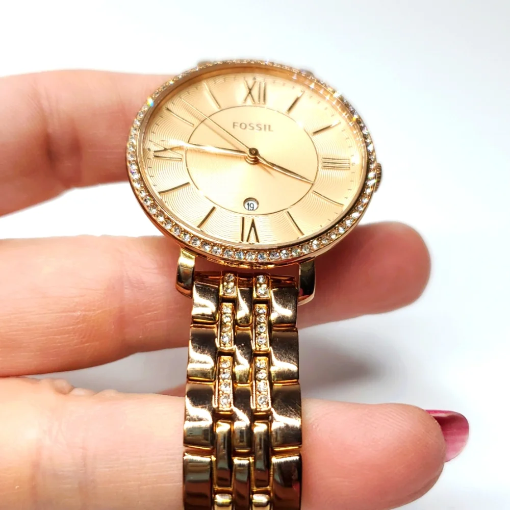 Fossil Watch ES-3546 Rose Gold Wristband Large Face Crystal Bling